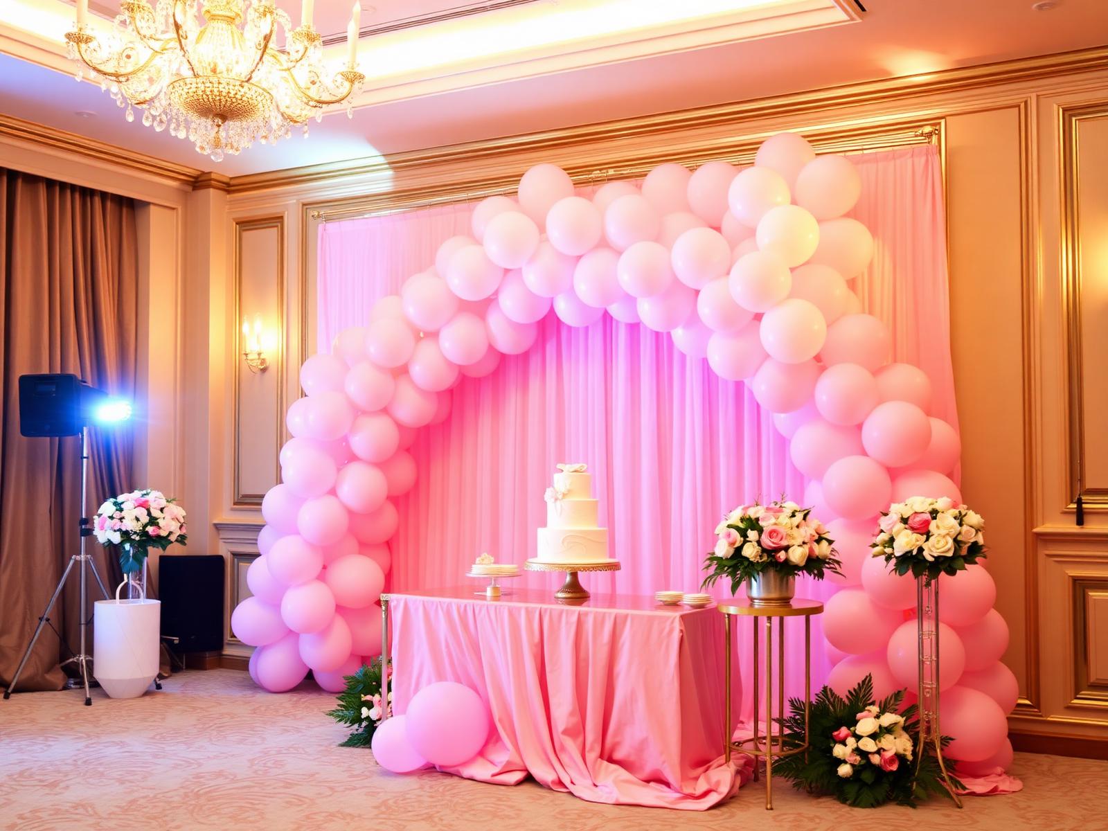 Painel de festa com arco de balões rosa